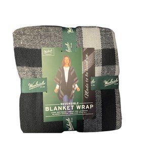 Woolrich Reversible Blanket Wrap Luxe Softness All Black & Gray Plaid